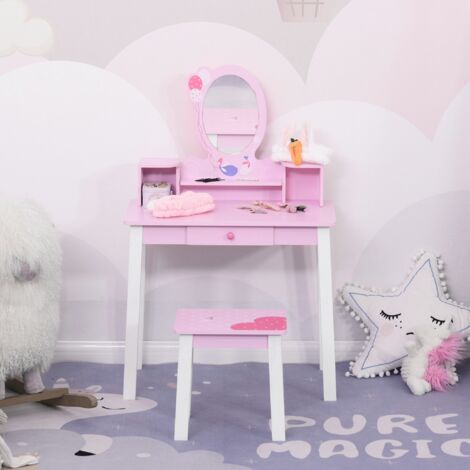 HOMCOM Tocador Infantil con Taburete y Espejo tipo Princesa Mesita de Maquillaje de Madera Rosa Juguete para Niñas de 3+ Años 60x34x93 cm