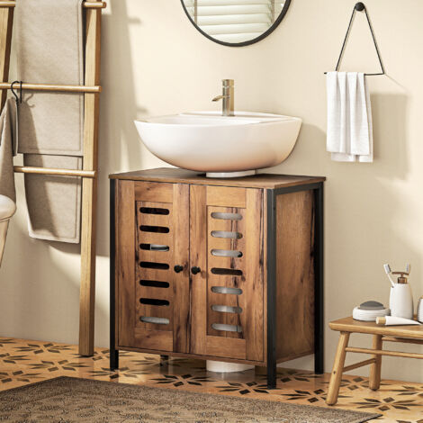 Mueble Bajo Lavabo Industrial 2 Puertas de Lamas con Cierre Magnético Estante Ajustable 60x30x60 cm Marrón Rústico
