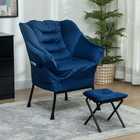 Sillón de Salón con Otomana Sillón de Relax con Bolsillos Laterales y Patas de Acero para Sala de Estar Dormitorio Azul (1/5)
