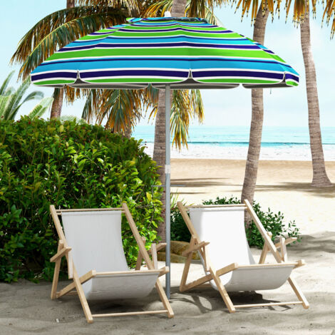 Sombrilla de Playa Ø178x205 cm con Reclinación 45° Altura Ajustable Anti-UV Impermeable y Bolsa de Transporte Multicolor