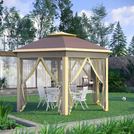 Cenador de Jardín Hexagonal 4,05x3,4x2,85 m con Doble Techo 6 Mosquiteras Desmontables Bolsa y Anti-UV Beige