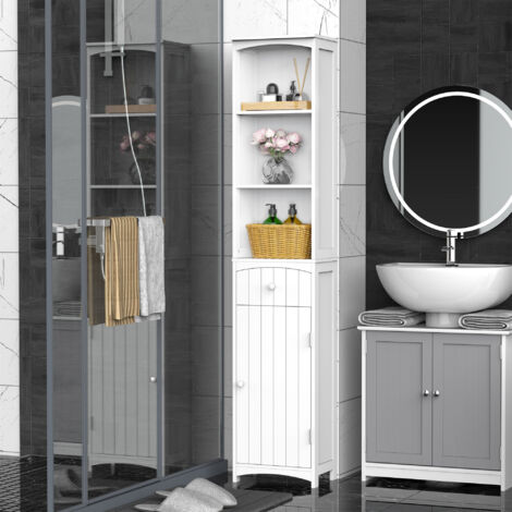 HOMCOM Armario Alto de Baño Estrecho con 1 Cajón y 3 Estantes Abiertos Columna de Baño Estilo Moderno para Salón Aseo Cocina 34x24x170 cm Blanco