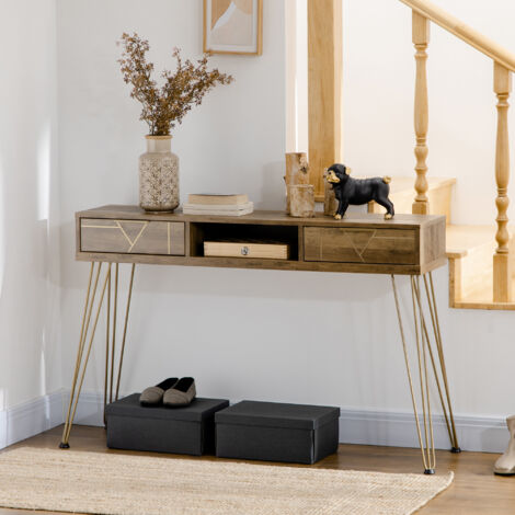 HOMCOM Consola Mueble Recibidor de Entrada con 2 Cajones Estante Abierto y Patas de Acero 120x29x79 cm Madera y Bronce