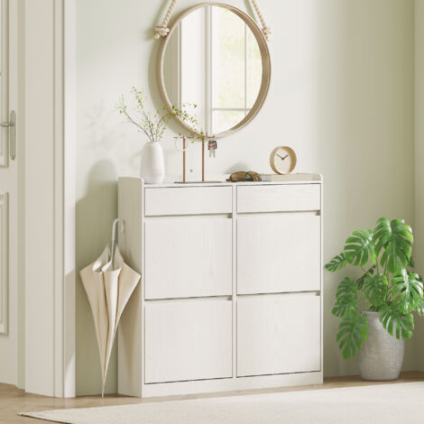 Zapatero Estrecho con 2 Cajones 4 Compartimentos Abatibles y Encimera 98x19,2x95,3 cm Blanco Veteado