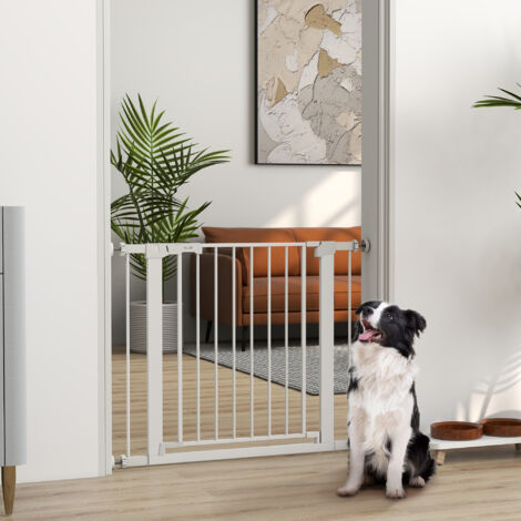 PawHut Barrera de Seguridad de Perros Extensible para Escaleras y Puertas 76-97 cm con 2 Extensiones de 7 cm Cierre Automático y Marco Metálico Altura 76 cm Blanco (1/5)