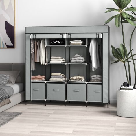 Armario Ropero de Tela Armario Portátil con 10 Compartimentos 2 Rieles Colgantes y 4 Cajones 166x42,5x169,5 cm Gris (1/5)