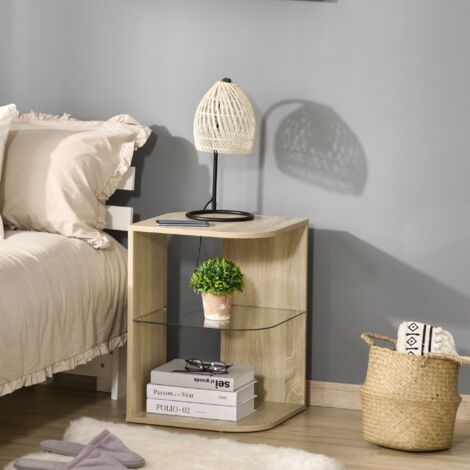 HOMCOM Mesita Auxiliar de Salón Moderna Mesilla de Noche con 3 Estantes Tablero de Cristal Mesita de Café para Sala de Estar Dormitorio 40x40x56 cm Madera Natural (1/5)