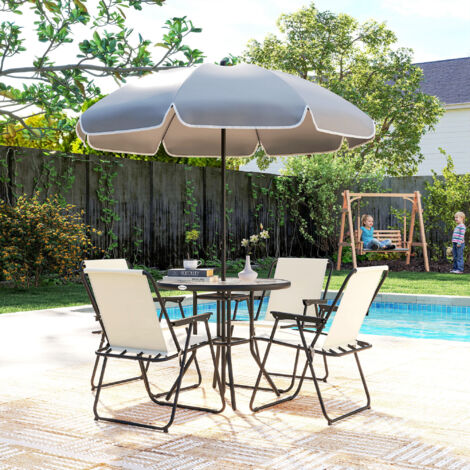 Conjunto de Muebles de Jardín de 6 Piezas con Mesa Redonda Sillas Plegables y Sombrilla para Patio y Terraza Crema