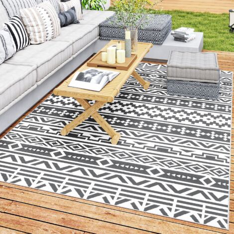 Alfombra de Exterior Reversible 182x274 cm con Patrón Geométrico de Cenefa Impermeable con Bolsa Gris y Blanco (1/5)