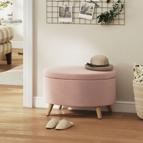 Puff Almacenaje Ovalado Banco Almacenaje 71x51,5x42 cm Tapizado en Terciopelo con Patas de Madera Maciza Rosa Claro