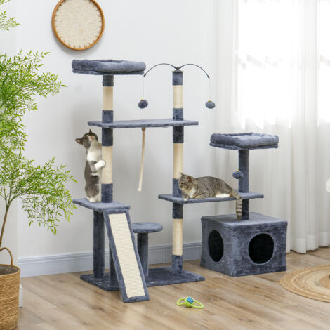 Rascador para Gatos 134 cm Torre para Gatos con Nidos Plataformas Bolas de Juguete y Postes de Sisal Gris Oscuro (1/5)