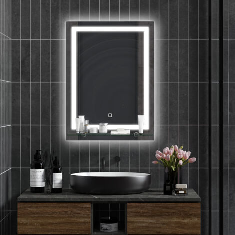 Espejo para Baño 50x70 cm con 3 Colores de Luz Estante de Vidrio Función de Memoria e Interruptor Táctil Plata