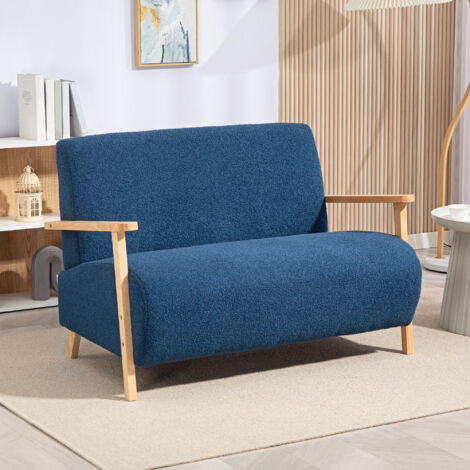 Sofá de 2 Plazas Tapizado en Borreguito 118 cm con Acolchado Grueso Reposabrazos y Patas de Madera Azul Oscuro (1/5)
