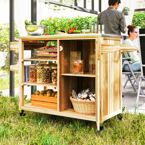 Carrito de Parrilla de Madera con 4 Ruedas Estantes Armario y Encimera de Acero Inoxidable 134,5x50x91,5 cm Natural (1/5)