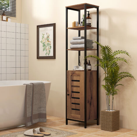 Columna de Baño Estrecha con Puerta de Lamas Estantes Ajustables Compartimentos Abiertos 37x30x167 cm Marrón Rústico