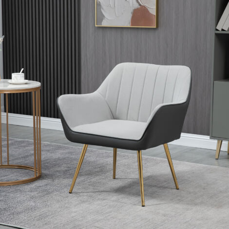 Silla de Cuero Sintético y Terciopelo con Respaldo a Rayas Patas Doradas y Asiento Acolchado para Salón Dormitorio Gris (1/5)