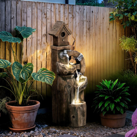 Fuente de Cascada 2 en 1 con Casita para Pájaros con Luces LED y Bomba Característica de Jardín con Troncos Multicolor