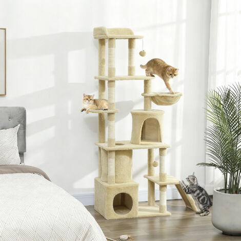 Árbol Rascador para Gatos Grande Altura 170 cm con 7 Postes 1 Túnel 3 Plataformas 2 Cuevas 1 Hamaca Beige