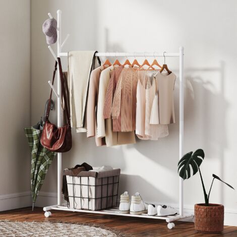 Burro para Ropa con Ruedas 5 Ganchos Barra para Colgar y Balda Inferior para Recibidor Entrada 120x43x171 cm Blanco