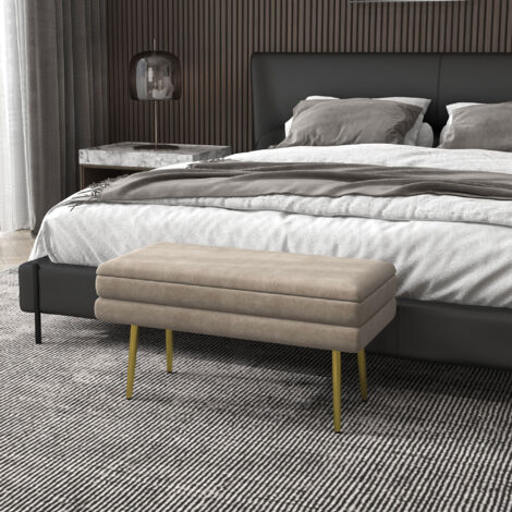 Banco de Almacenaje para Dormitorio 30L Tapizado en Terciopelo Pie de Cama con Patas de Acero 79,5x37,5x43 cm Beige