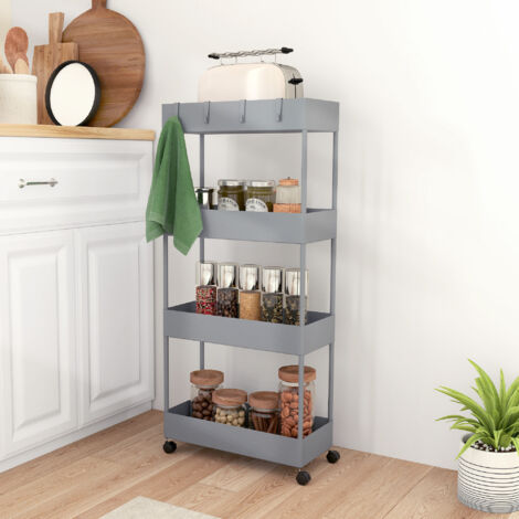 Carro de Cocina de 4 Niveles Carrito Auxiliar con Ruedas 4 Cestas y 4 Ganchos Extraíbles para Salón 40x19x90 cm Gris