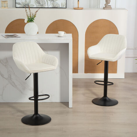 Juego de 2 Taburetes de Bar Giratorios Altura Ajustable 62-83 cm Tapizada en Terciopelo Respaldo y Reposapiés Crema (1/5)
