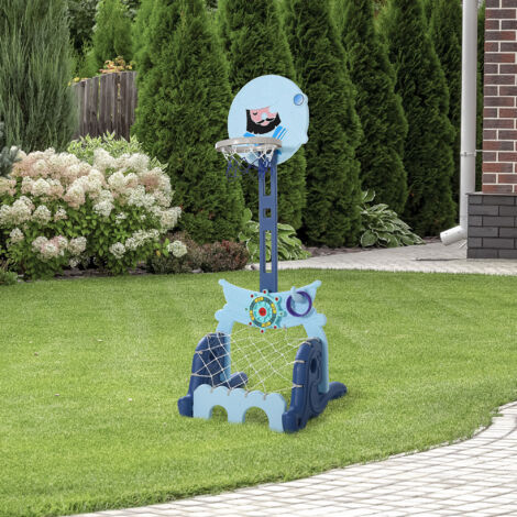 HOMCOM Canasta de Baloncesto con Soporte 4 en 1 Juego de Golf Balón de Fútbol con Altura Ajustable Centro de Actividades para Niños de +3 Años 58x56x154 cm Azul (1/5)