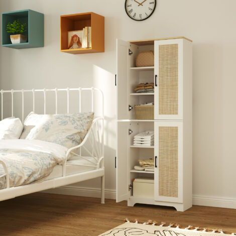 Alacena de Cocina con Estantes Ajustables Puertas de Ratán y Sistema Anti-vuelco 60x30x170 cm Blanco