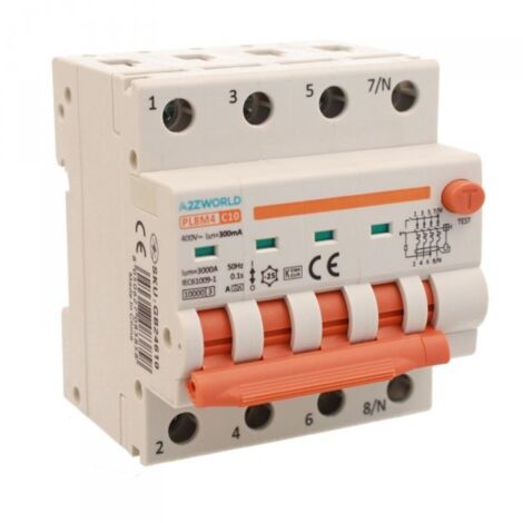 RCBO Interruttore Magnetotermico Differenziale Con Doppia Leva Tipo A Curva C 4P 4M 6000A 300mA, Diagnostica Visiva, C10A AC 400V IP20 IEC61009-1 PL8M4 4P GB66610