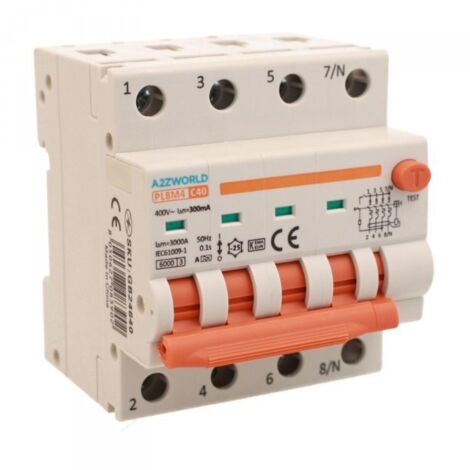 RCBO Interruttore Magnetotermico Differenziale Con Doppia Leva Tipo A Curva C 4P 4M 6000A 300mA, Diagnostica Visiva, C40A AC 400V IP20 IEC61009-1 PL8M4 4P GB66640