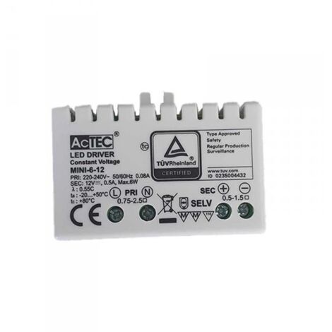 Mini Alimentatore Trasformatore 6W 12V 0,5A IP20 50X32X18,5mm Con Morsetti