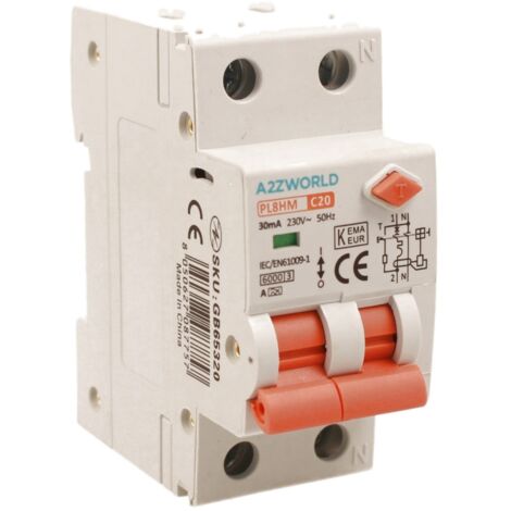 RCBO Doppia Leva, Interruttore Magnetotermico Differenziale Tipo A Curva C 1P+N 2M 6000A 30mA C20A AC 230V IP20 IEC61009-1 PL8HM