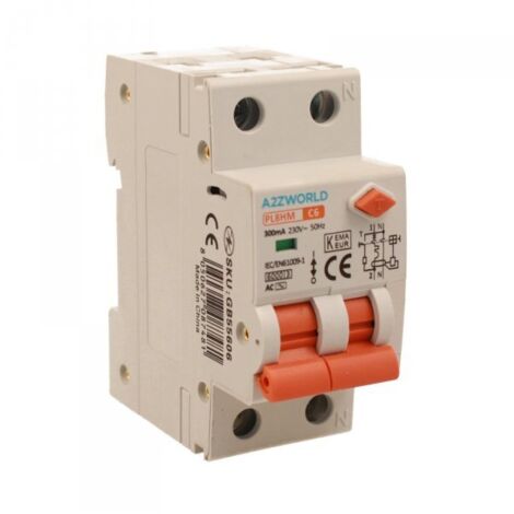RCBO Doppia Leva, Interruttore Magnetotermico Differenziale Tipo AC Curva C 1P+N 2M 6000A 300mA C6A AC 230V IP20 IEC61009-1 PL8HM