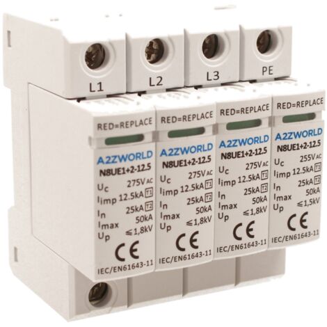 SPD Scaricatore Di Sovratensione Tipo 1+2 T1+T2 B+C 3P+N 4M 25kA-50kA 12,5kV AC 275V IP20 IEC61643-11 N8UE1+2