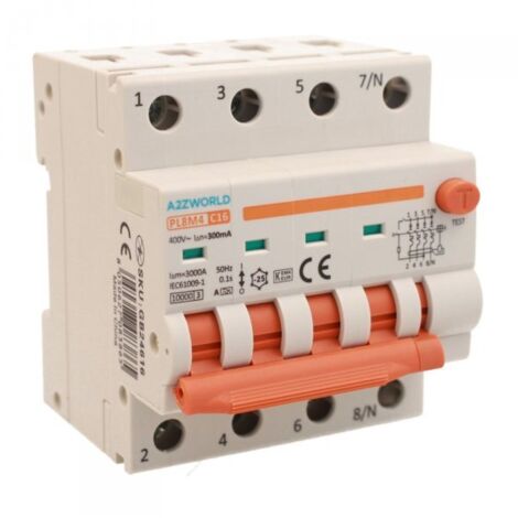 RCBO Interruttore Magnetotermico Differenziale Con Doppia Leva Tipo A Curva C 4P 4M 6000A 300mA, Diagnostica Visiva, C16A AC 400V IP20 IEC61009-1 PL8M4 4P GB66616