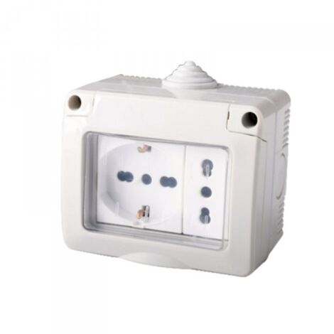 Kit Contenitore Cassetta Elettrica Esterna 1 Presa Schuko Universale +1 Presa Bipasso Con Coperchio Stagno IP55, Montaggio Da Parete Esterno,Omologato IMQ