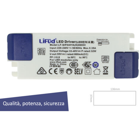 Led Driver CC 800mA 30V-40VDC 32W Alimentatore Corrente Costante Per Pannello Led Modulare (1/3)