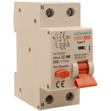 RCBO Interruttore Magnetotermico Differenziale Tipo F Curva C 1P+N 2M 6000A 30mA C10A AC 230V IP20 IEC61009-1