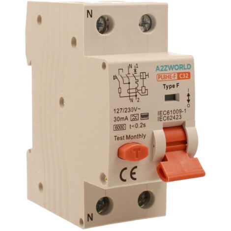 RCBO Interruttore Magnetotermico Differenziale Tipo F Curva C 1P+N 2M 6000A 30mA C32A AC 230V IP20 IEC61009-1
