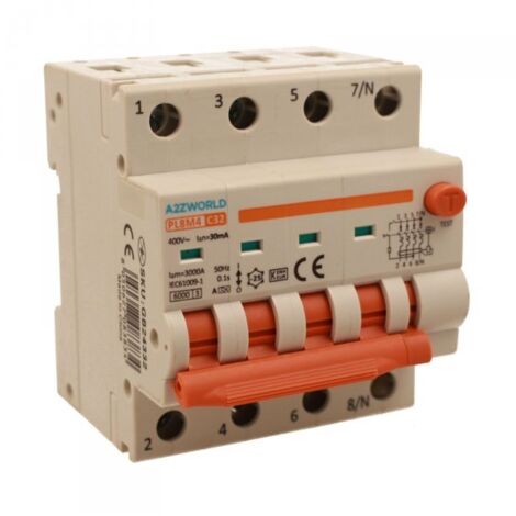 RCBO Interruttore Magnetotermico Differenziale Con Doppia Leva Tipo A Curva C 4P 4M 6000A 30mA, Diagnostica Visiva, C32A AC 400V IP20 IEC61009-1 PL8M4 4P GB66332