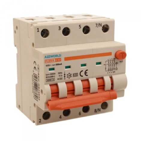 RCBO Interruttore Magnetotermico Differenziale Con Doppia Leva Tipo A Curva C 4P 4M 6000A 300mA, Diagnostica Visiva, C32A AC 400V IP20 IEC61009-1 PL8M4 4P GB66632