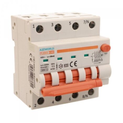 RCBO Interruttore Magnetotermico Differenziale Con Doppia Leva Tipo A Curva C 4P 4M 6000A 30mA, Diagnostica Visiva, C40A  AC 400V IP20 IEC61009-1 PL8M4 4P GB66340