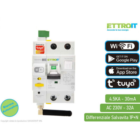 ETTROIT Magnetotermico Differenziale 1P+N Tuya Smart Wi-Fi RCBO 32A 30ma 6Ka SKU ESR3532