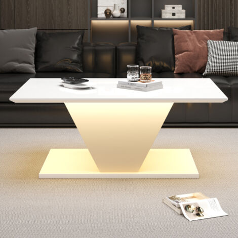 Table basse 100 x 50 x 46 cm, forme originale, avec éclairage LED, finition brillante, idéale pour les petits espaces, blanche, forme en V (1/5)