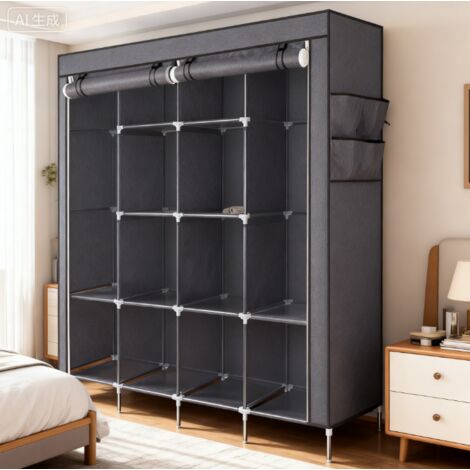 Armoire en tissu avec 8 étagères et tringles, penderie pliable en non-tissé beige 125x43x162,5