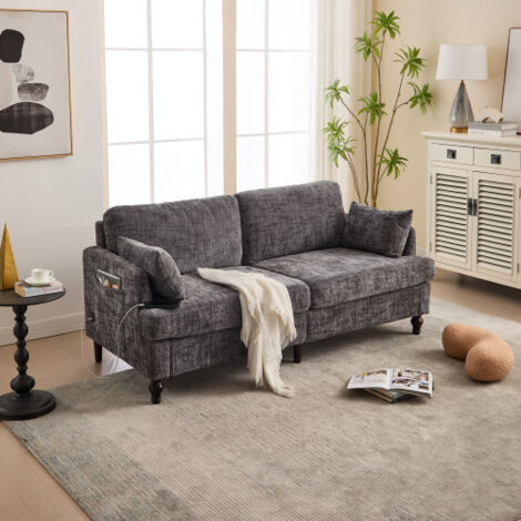 Canapé moderne 2 places en chenille avec pieds en bois, éclairage LED, port de chargement USB et sac de rangement. Convient pour le salon, la chambre ou le bureau. (1/4)