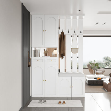Ensemble de meubles d'entrée blanc – Armoire murale avec banc à chaussures et étagère – 4 crochets, 6 portes, 2 tiroirs – Dimensions L110 × H180 × P37 cm