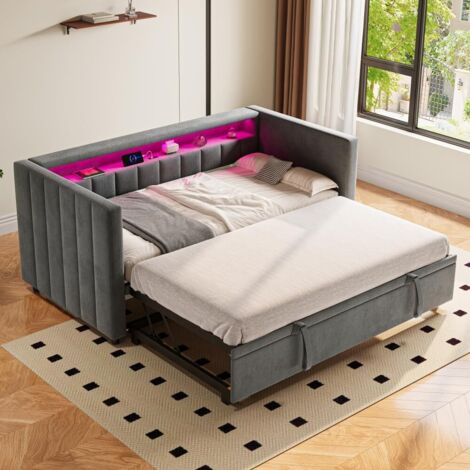 Canapé-lit Multifonctionnel 90 x 190 cm avec lit gigogne, Cadre de lit avec Port USB Type-C et éclairage LED, Espace de Rangement, Structure Robuste en métal et Bois, Velours, Gris foncé