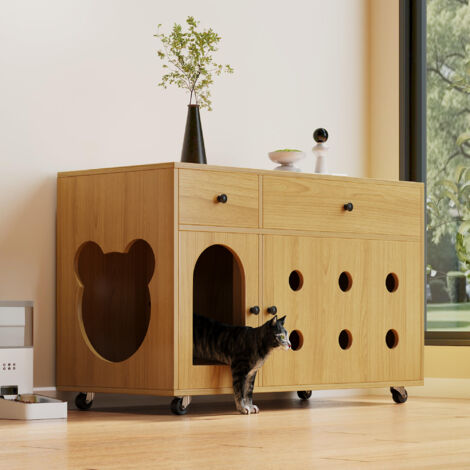 Armoire pour Litière Chat Design Mobilable avec Plaque Évacuation Sable Amovible, Système Isolation Odores Intégré, Meuble de Bain Chat 100×45×66 cm Naturel