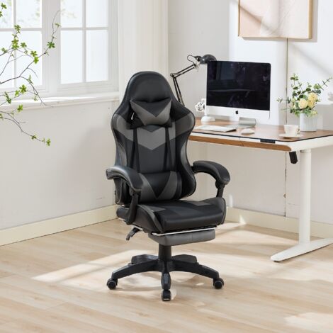 Chaise de Bureau Ergonomique Pivotante à 360° et RéGlable En Hauteur, Avec Repose-Pieds, Appui-TêTe et Soutien Lombaire, AdaptéE à Une Utilisation Au Bureau Et Pour Les Jeux VidéO. (1/4)